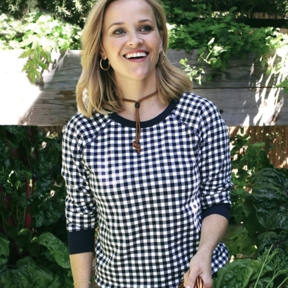 Draper James Natalie Navy And White Gingham Sweatshirt Size 1X - Picture 1 of 8